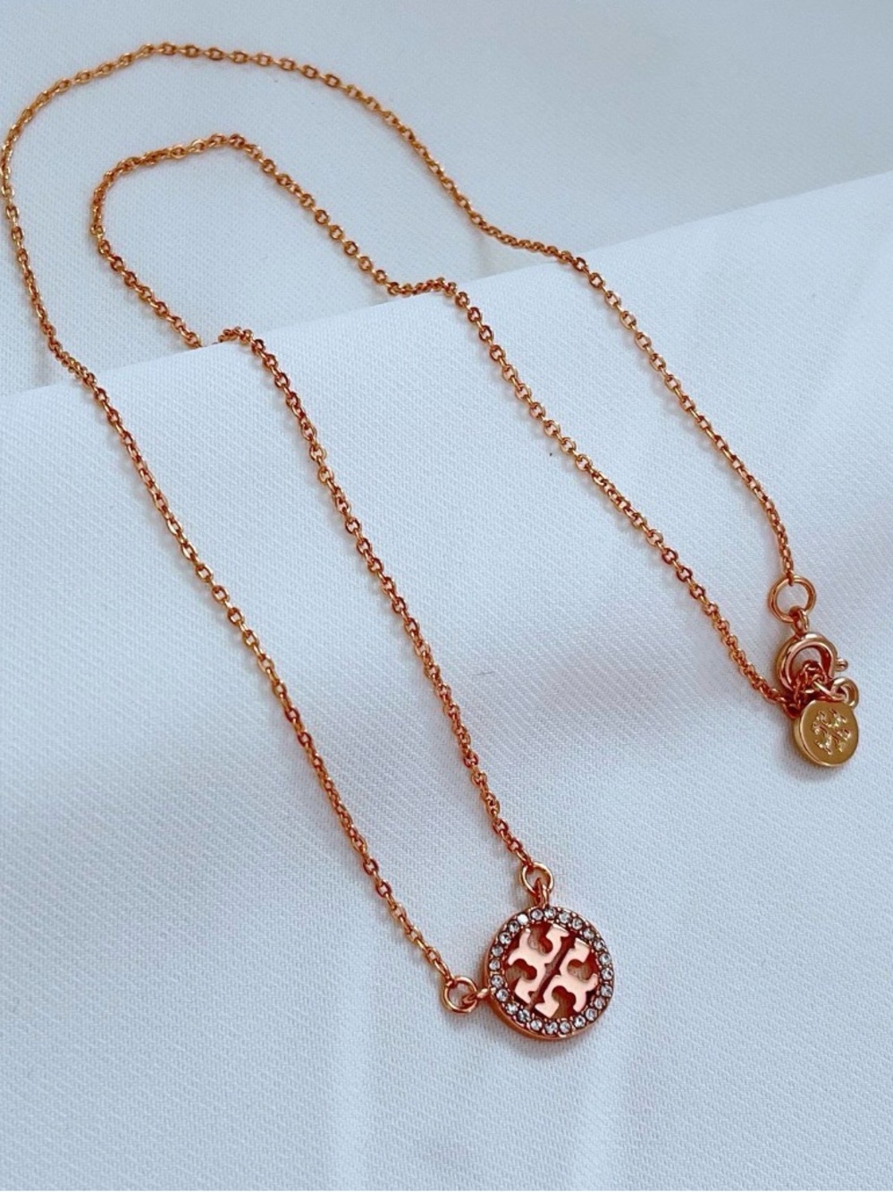 Tory Burch Rose Gold Pavé Logo Disc Necklace